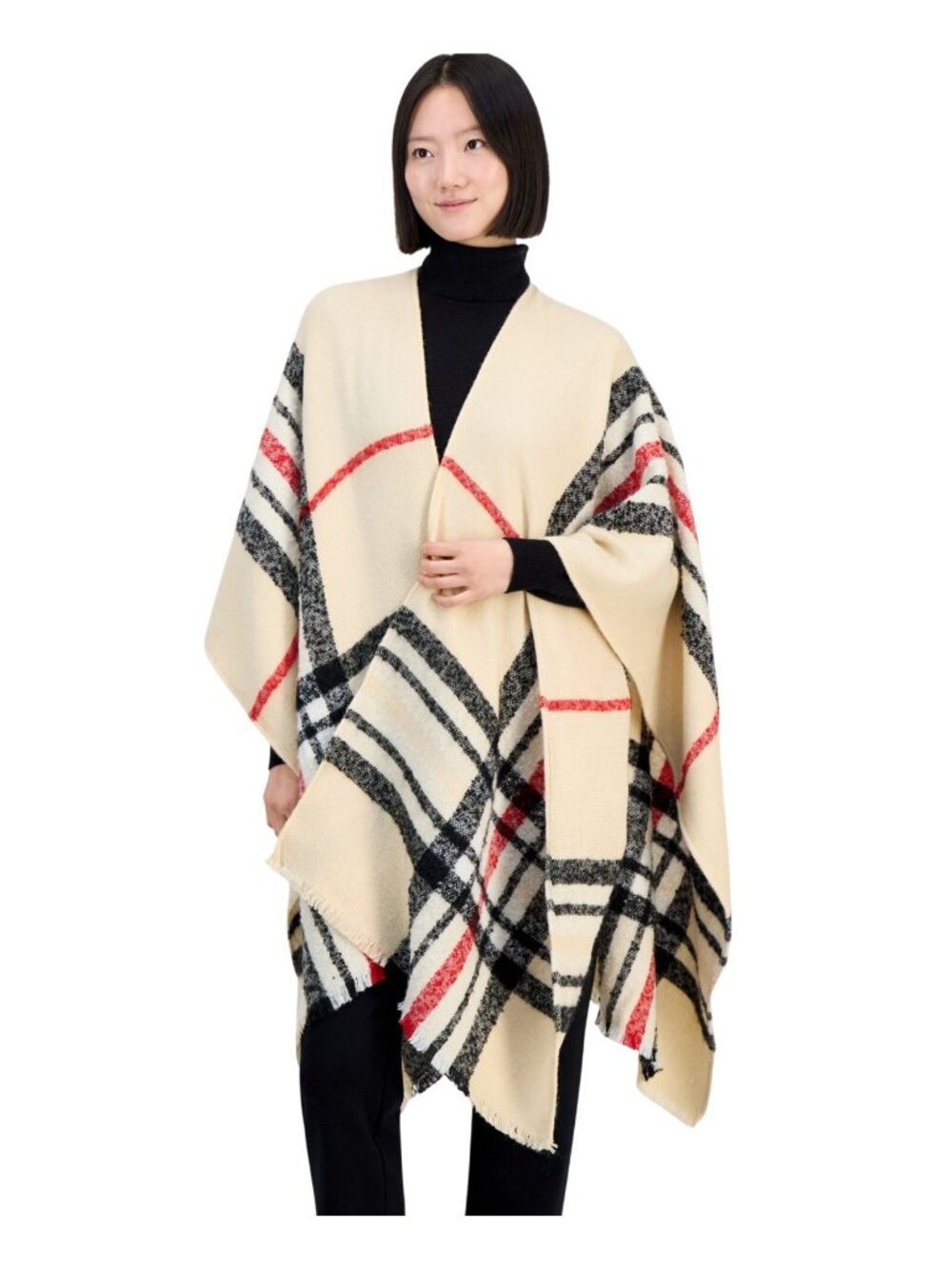 NWT V. Fraas Womens Plaid Boucle Ruana Wrap 061285 Beige Brown